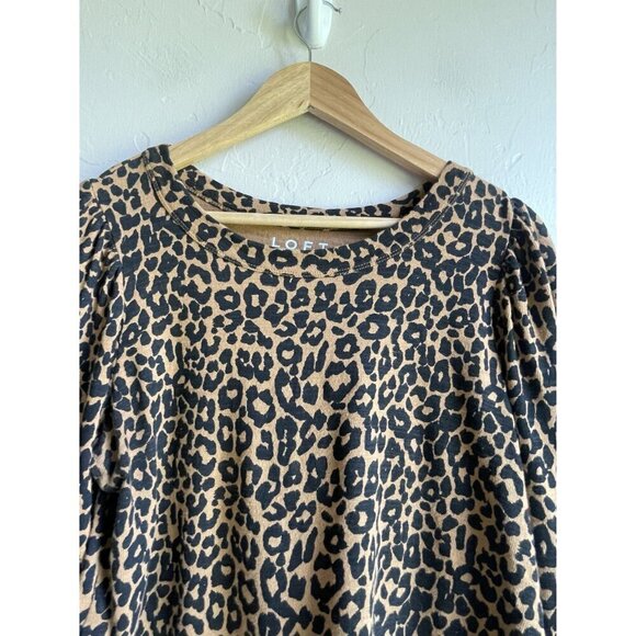 LOFT Size Medium Leopard Animal Print Black Tan Jersey Sweatshirt Puff Sleeve 10 - Picture 5 of 12
